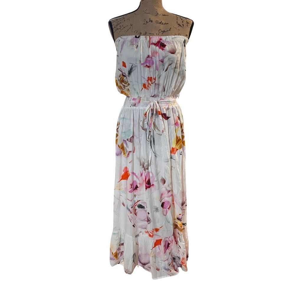 Plum Pretty Sugar White Floral Strapless Casual Women’s Maxi Dress Bridesmaid L